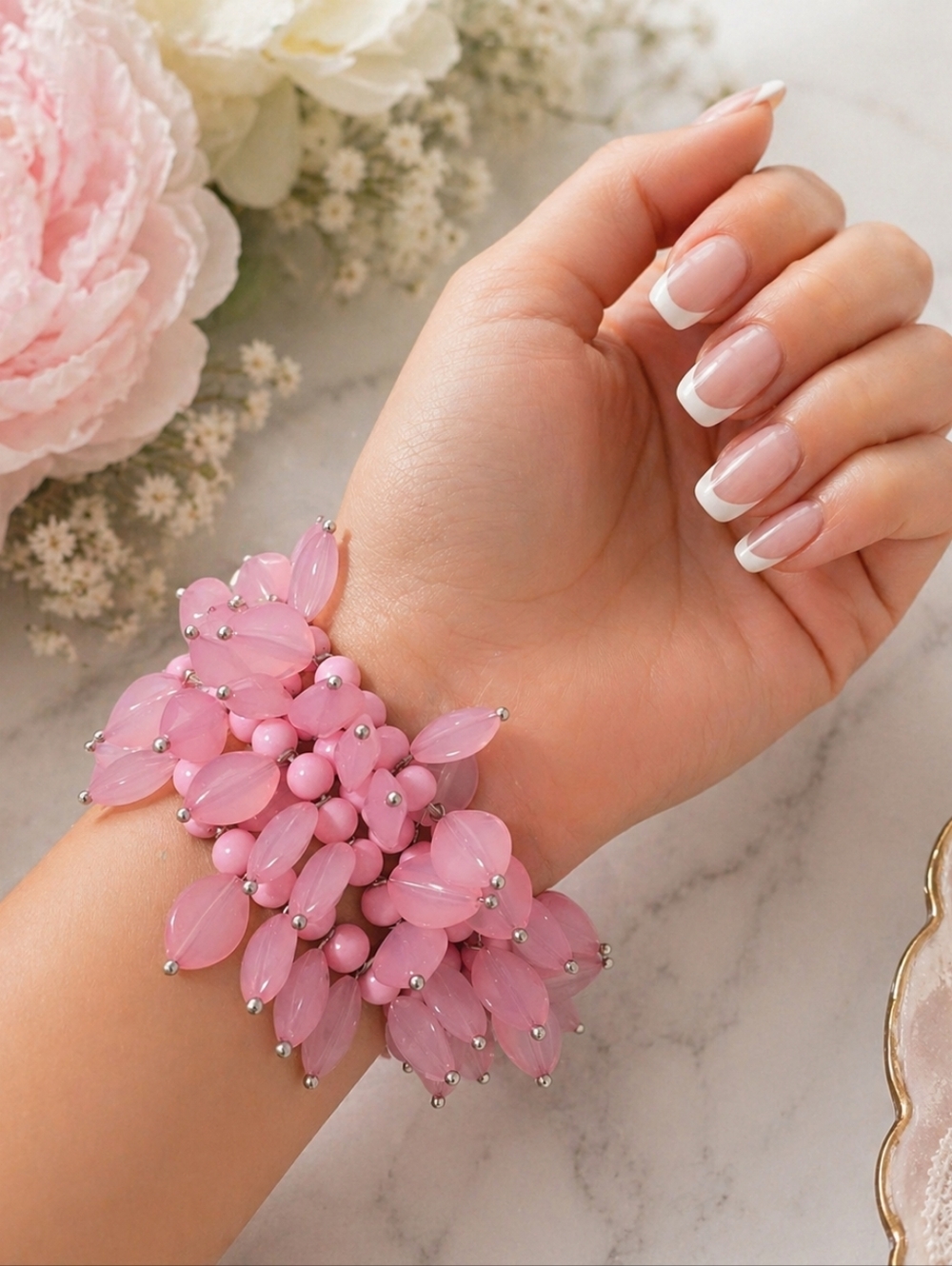 Chunky‎ Pink Statement Bracelet Bold Beaded Stretch Bracelet Feminine Fashion